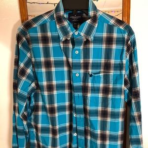 Men's teal/aqua color plaid button down